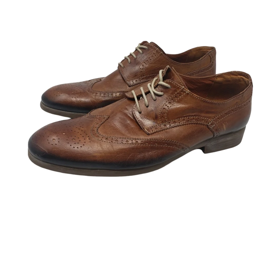 Kenneth Cole Reaction Wing Man‎ Brown Leather Oxford Size 12 Lace Up Patina